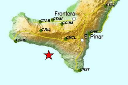 Epicenter for a recent 23 km depth earthquake (little to the north of the new crater)