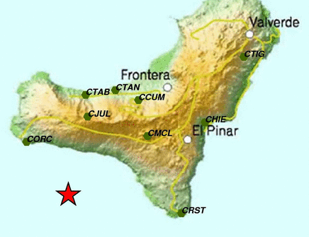 Red star : epicenter of the M2.9 earthquake in the Las Calmas sea - image courtesy IGN, Espana