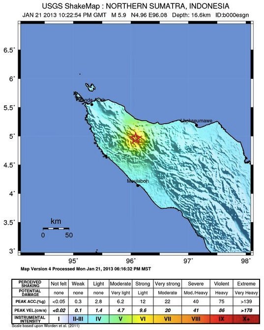 Shaking map of the M6.0 Northern Sumatra earthquake of January 21/22 2013