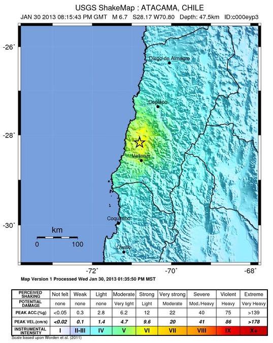 Chile Januari 30 2013 earthquake shaking map