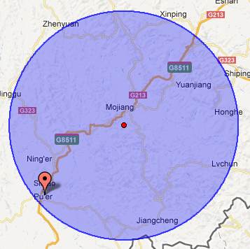 Distance from the red icon (Pu'er City) to the epicenter (red bullet) : 82 km