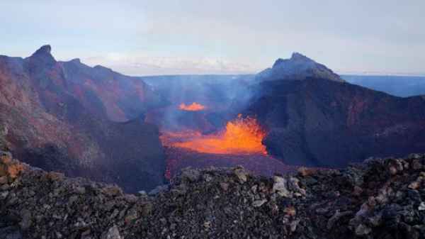 View of the boiling lava lake from the southern rim. Image taken on 12 February. Courtesy of Ármann Höskuldsson and the Institute of Earth Sciences.