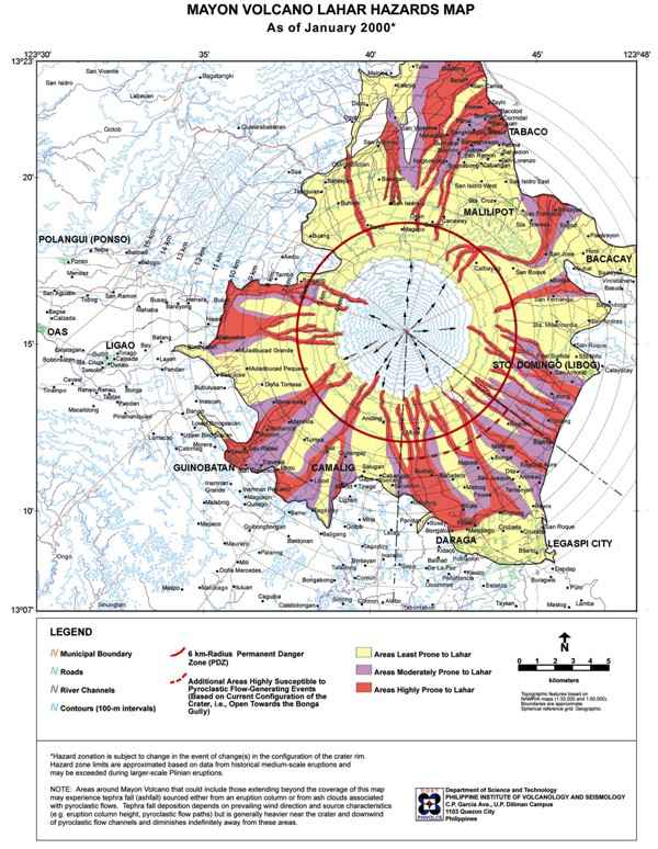 PHIVOLCS Mayon Volcano Lahar Hazards Map as of January 2000.