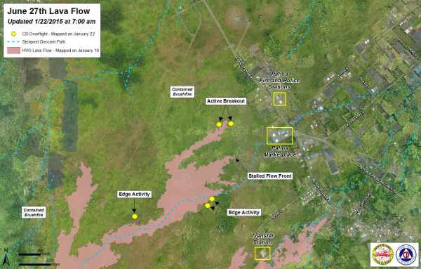 Hawaii County Civil Defense lava flow map, updated 22 January at 7 am (Local time).