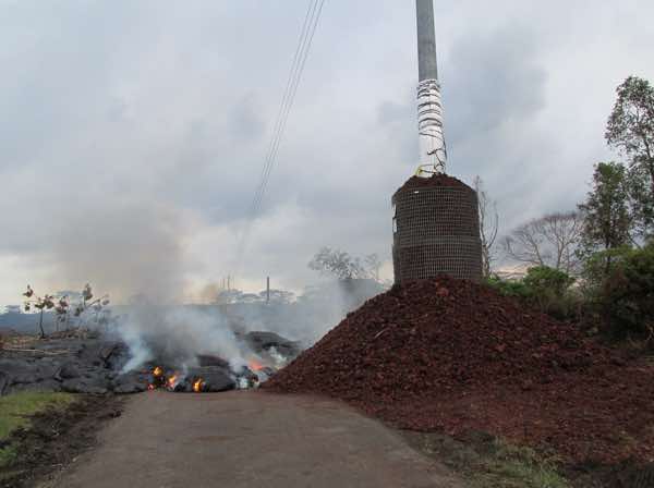 The volcano will not destroy this electricity pole (they hope). Radiation heat will be extreme but we truly hope that it will succeed)