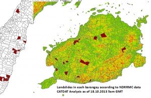 Barangays with landslides (dark red) from the earthquake. It can be seen that they are widespread.