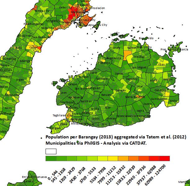 The population per barangay shows that there are a few main areas on Bohol which are heavily populated. 15:26 The names of the major towns are also included. Currently there are 11 missing in Loon on the west coast and much of the destruction has been located there. (CATDAT/James Daniell)