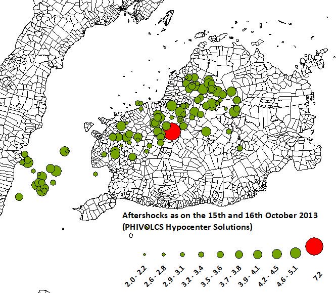 Aftershocks and their magnitude as reported by PHIVOLCS through Earthquake Report (CATDAT/James Daniell)