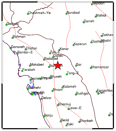 Map as reported by the Iranian authorities. The faint red lines are the known earthquake faults