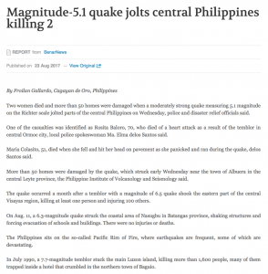 Deadly aftershock in Leyte, Philippines - August 22, 2017