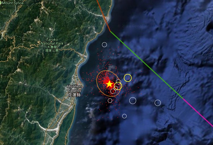 Map courtesy Alomax.free.net - Star: calculated epicenter - Small red dots: possible error margin for the epicenter, the more dense, the higher probability that the epicenter will be in that area. Orange circle: epicenter location error zone 